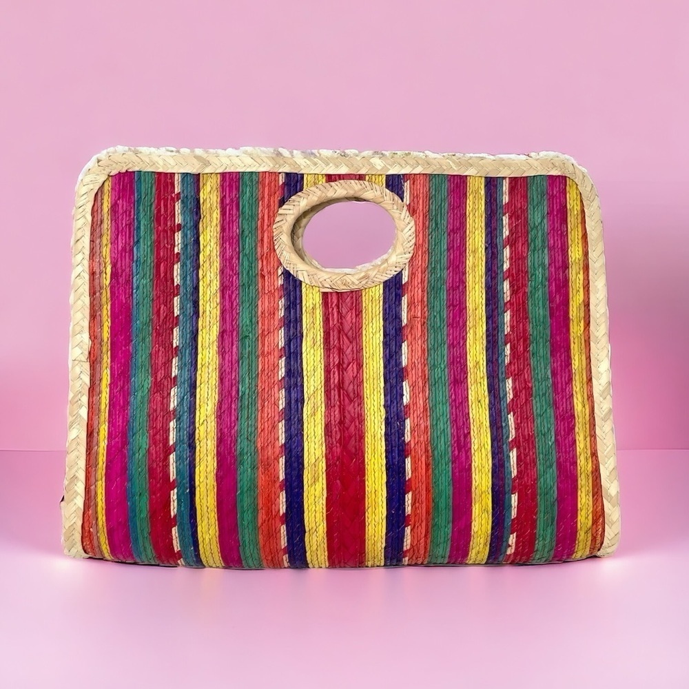 Rainbow Striped Structured Straw Top Handle Bag